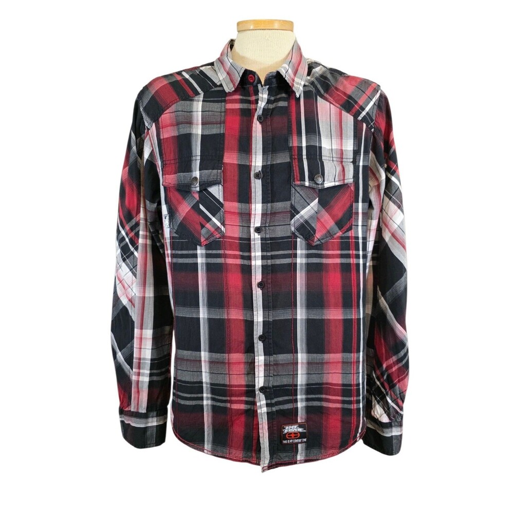NO FEAR Vintage Shirt Mens Medium Black & Red Plaid Long Sleeve Y2K Retro